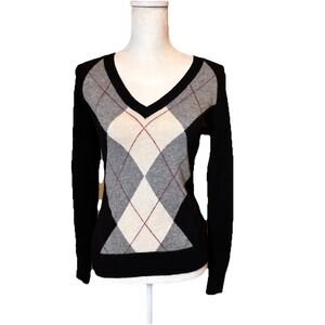 TWEEDS 100% 2-Ply Cashmere Argyle Sweater Women's M Black Gray Ivory V-Neck